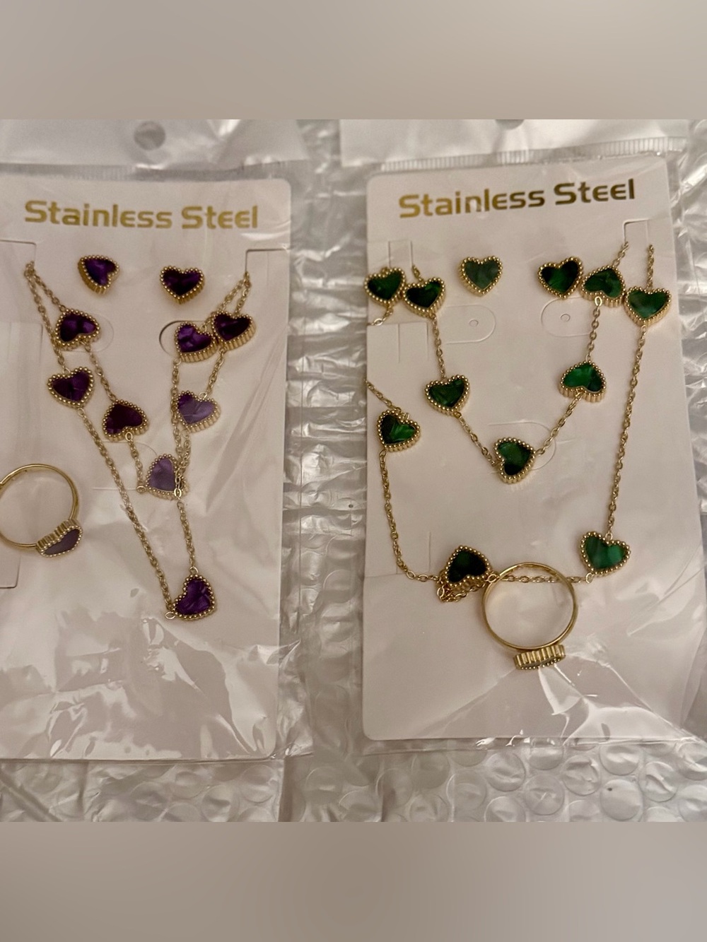 Gold Heart Necklace, bracelet, Earring, ring sets 1 Green and 1 Purple
